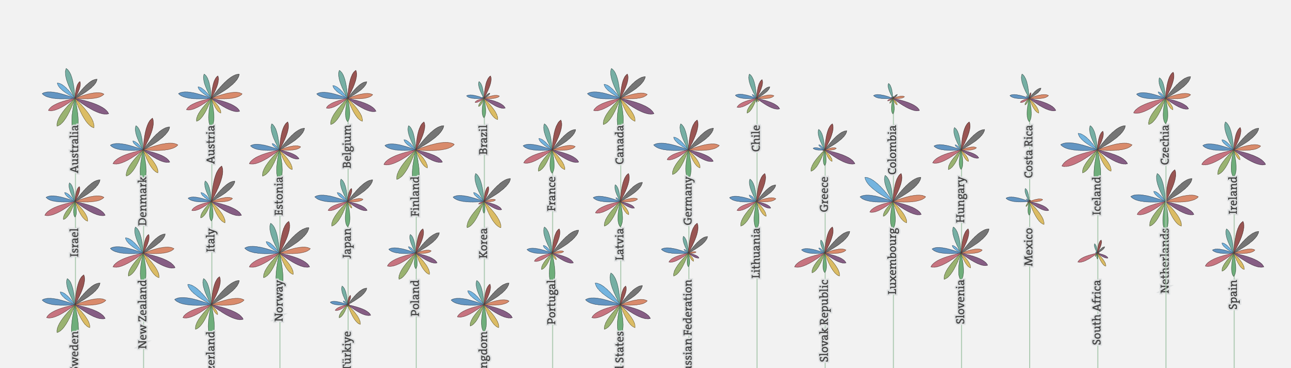 Captura de pantalla de la visualización de las flores utilizada en el Better Life Index de la OECD